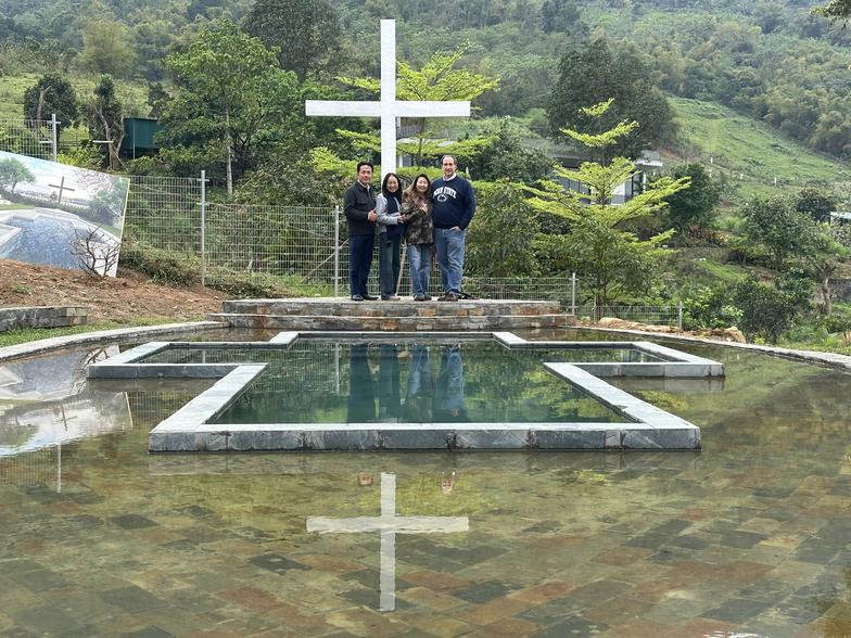 Outdoor cross-shaped pool prepared for water baptism
